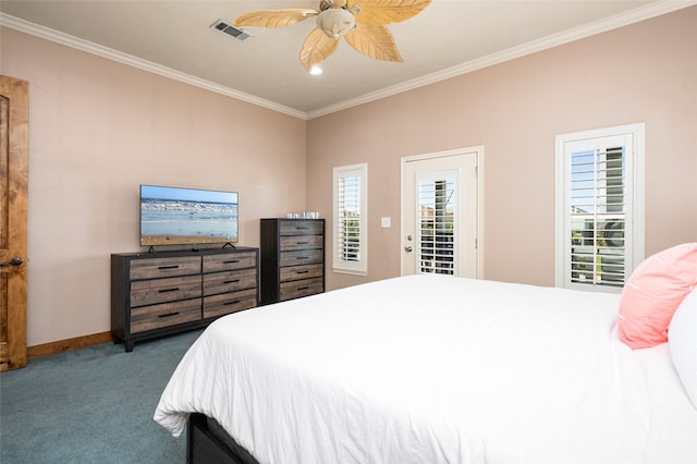 973 Kenlyn Dr, Crystal Beach, TX 77650 - bedroom featuring carpet floors, crown molding, access to exterior, and ceiling fan