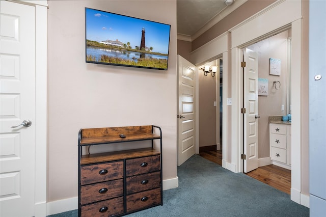 973 Kenlyn Dr, Crystal Beach, TX 77650 - bedroom featuring carpet floors, ornamental molding, and ensuite bathroom
