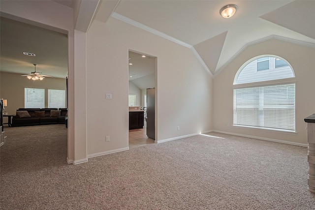 406 Riesling Dr, Alvin, TX 77511 - unfurnished room featuring light carpet, a ceiling fan, plenty of natural light, lofted ceiling, and ornamental molding