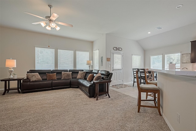 406 Riesling Dr, Alvin, TX 77511 - living area featuring vaulted ceiling, light colored carpet, ceiling fan, and recessed lighting