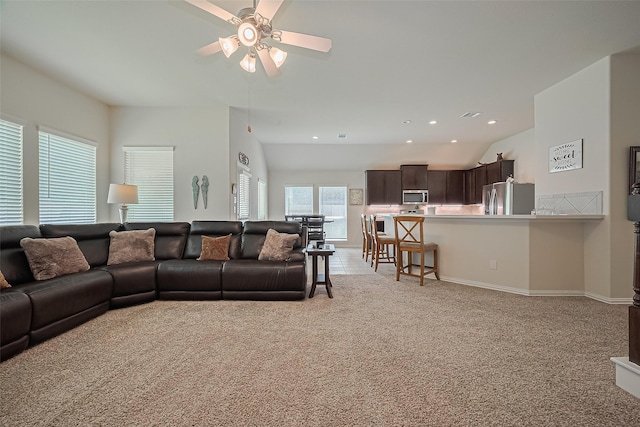406 Riesling Dr, Alvin, TX 77511 - living area featuring light colored carpet, a ceiling fan, and recessed lighting