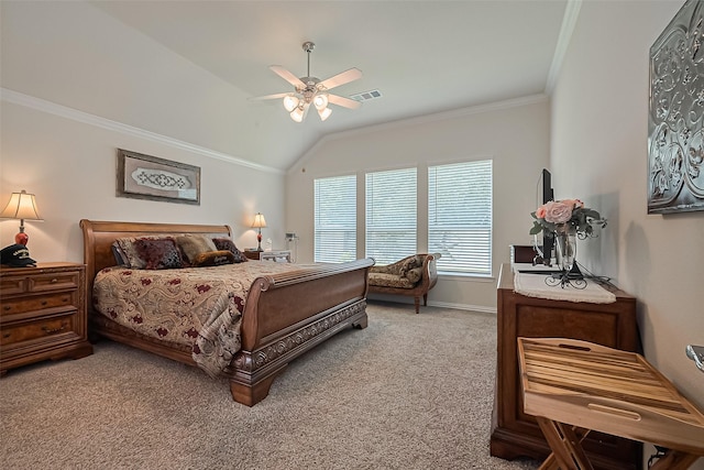 406 Riesling Dr, Alvin, TX 77511 - bedroom with crown molding, lofted ceiling, carpet floors, and a ceiling fan