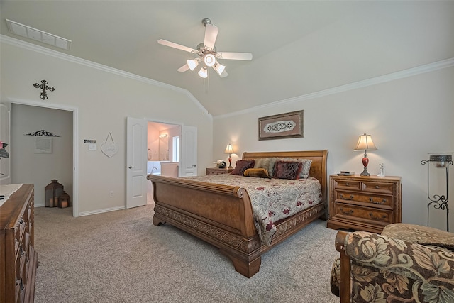 406 Riesling Dr, Alvin, TX 77511 - bedroom with ornamental molding, light carpet, vaulted ceiling, connected bathroom, and a ceiling fan