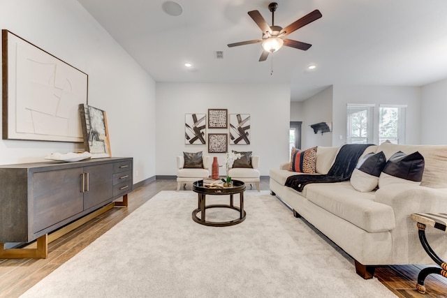 28723 Eden Creek Trl, Fulshear, TX 77441 - living room with wood finished floors, ceiling fan, and recessed lighting
