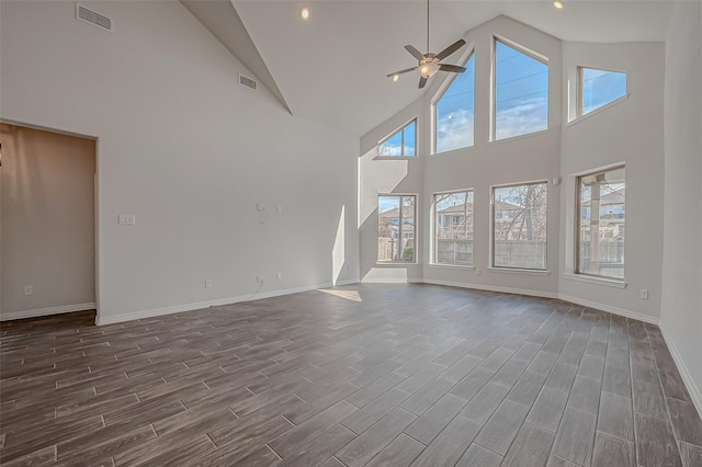 8934 Stanley Oak Dr, Missouri City, TX 77459 - unfurnished living room featuring high vaulted ceiling, ceiling fan, dark wood finished floors, and recessed lighting