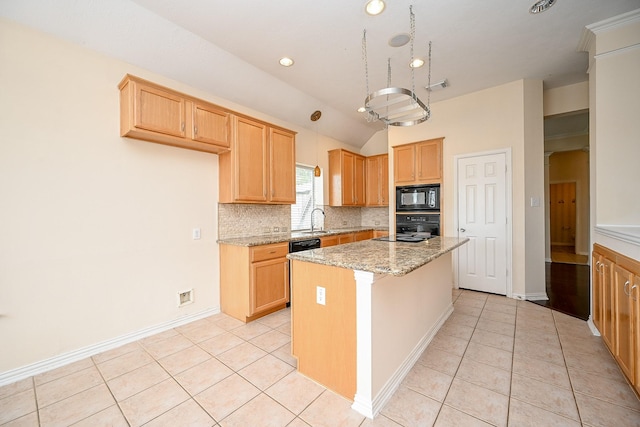 31 Crest Gate, Houston, TX 77082 - kitchen featuring black appliances, backsplash, a kitchen island, lofted ceiling, and light tile patterned floors