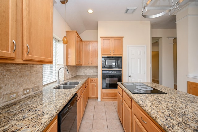 31 Crest Gate, Houston, TX 77082 - kitchen with black appliances, decorative backsplash, light stone counters, light tile patterned floors, and lofted ceiling