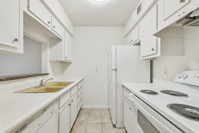 4500 Sherwood Ln Unit 8, Houston, TX 77092 - kitchen featuring white appliances, light countertops, white cabinetry, light tile patterned floors, and under cabinet range hood