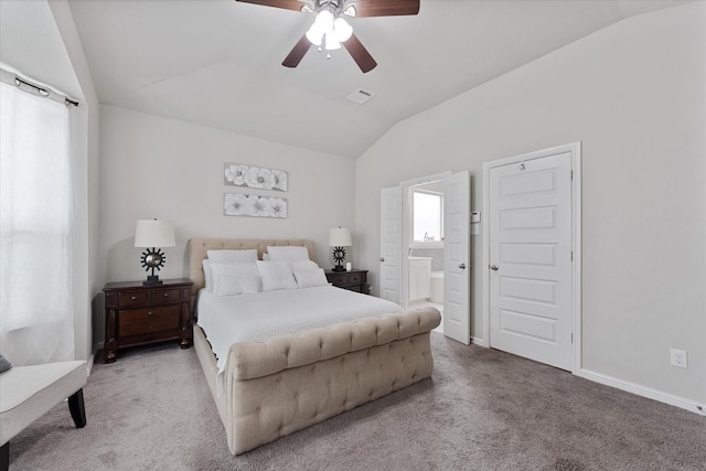 3823 Fleetwood Falls Ln, Spring, TX 77386 - bedroom with lofted ceiling, light colored carpet, ensuite bathroom, and ceiling fan