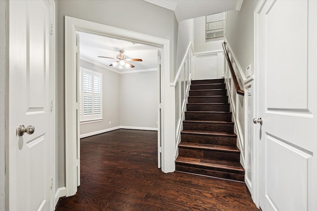 1707 Crockett St Unit A, Houston, TX 77007 - stairway featuring ornamental molding, ceiling fan, and wood finished floors