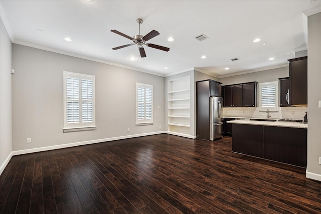 1707 Crockett St Unit A, Houston, TX 77007 - kitchen featuring ceiling fan, ornamental molding, dark wood-style flooring, freestanding refrigerator, and healthy amount of natural light