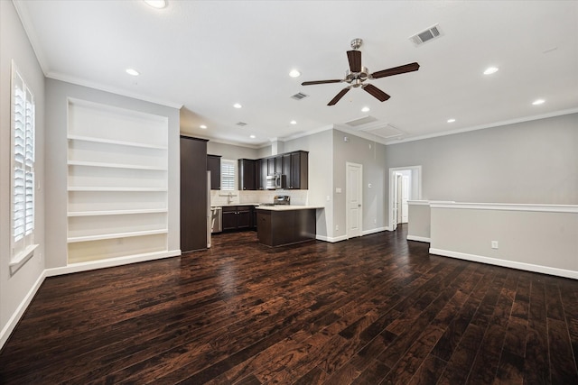 1707 Crockett St Unit A, Houston, TX 77007 - unfurnished living room with wood finished floors, ornamental molding, ceiling fan, and recessed lighting