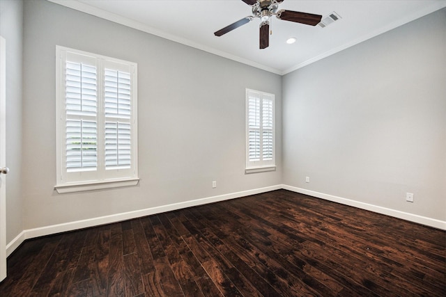 1707 Crockett St Unit A, Houston, TX 77007 - empty room featuring ornamental molding, dark wood-style floors, and a ceiling fan