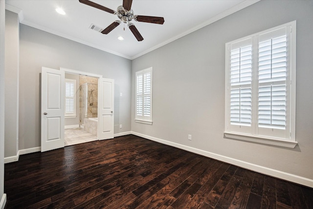 1707 Crockett St Unit A, Houston, TX 77007 - unfurnished bedroom with ornamental molding, wood-type flooring, ensuite bath, recessed lighting, and a ceiling fan