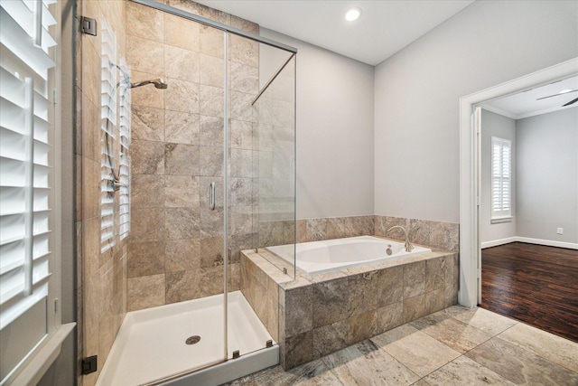1707 Crockett St Unit A, Houston, TX 77007 - bathroom featuring a garden tub, a stall shower, ornamental molding, and recessed lighting