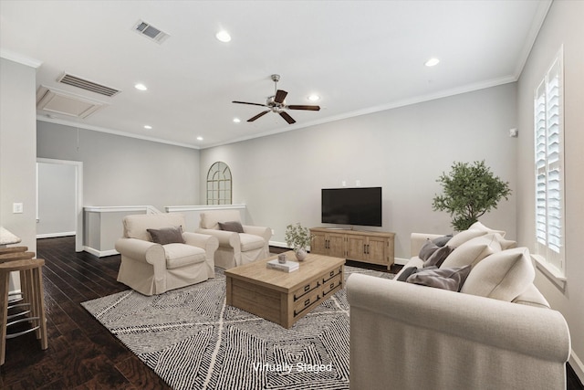 1707 Crockett St Unit A, Houston, TX 77007 - living room featuring attic access, recessed lighting, ornamental molding, ceiling fan, and dark wood-style floors
