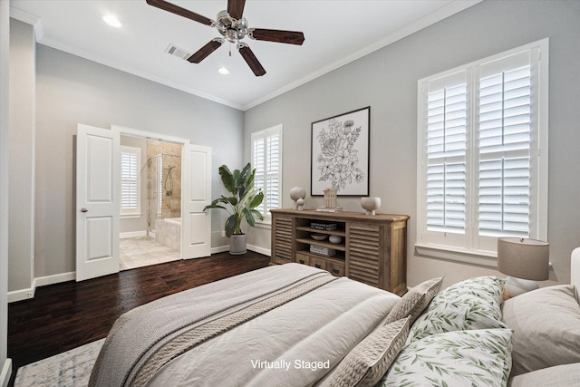 1707 Crockett St Unit A, Houston, TX 77007 - bedroom with ornamental molding, recessed lighting, wood finished floors, ensuite bathroom, and a ceiling fan