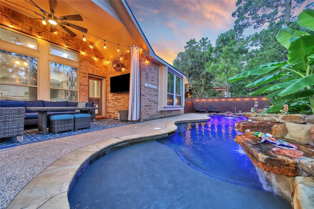 66 N Rocky Point Cir, Spring, TX 77389 - view of pool featuring an outdoor living space, a fenced backyard, a patio, and ceiling fan