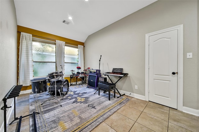 66 N Rocky Point Cir, Spring, TX 77389 - home office with lofted ceiling, tile patterned flooring, and recessed lighting