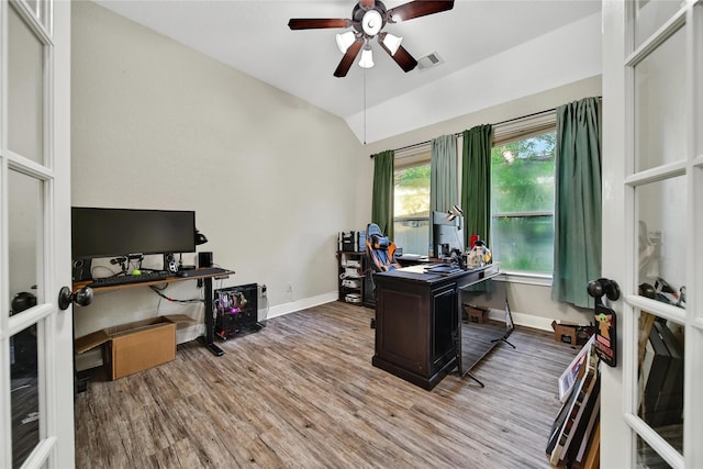 66 N Rocky Point Cir, Spring, TX 77389 - office with a ceiling fan, wood finished floors, and lofted ceiling