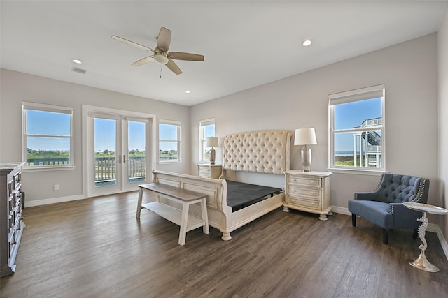 3914 Curlew Dr, Galveston, TX 77554 - bedroom with access to exterior, dark wood finished floors, recessed lighting, and a ceiling fan