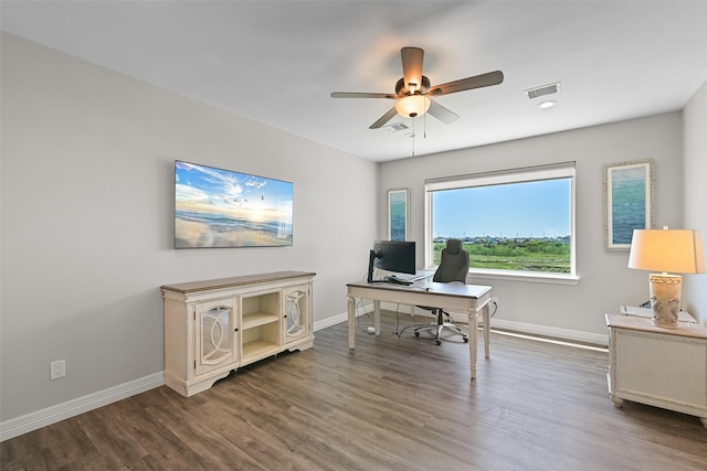 3914 Curlew Dr, Galveston, TX 77554 - office area featuring a ceiling fan and wood finished floors