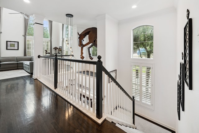 2516 Bagby St, Houston, TX 77006 - hallway featuring healthy amount of natural light, an upstairs landing, wood finished floors, recessed lighting, and ornamental molding