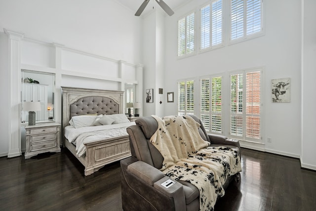 2516 Bagby St, Houston, TX 77006 - bedroom featuring a high ceiling, dark wood-style flooring, and ceiling fan