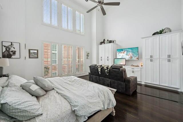 2516 Bagby St, Houston, TX 77006 - bedroom with a high ceiling, multiple windows, dark wood-style floors, and ceiling fan