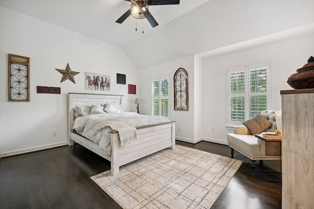 2516 Bagby St, Houston, TX 77006 - bedroom featuring multiple windows, dark wood-type flooring, vaulted ceiling, and ceiling fan