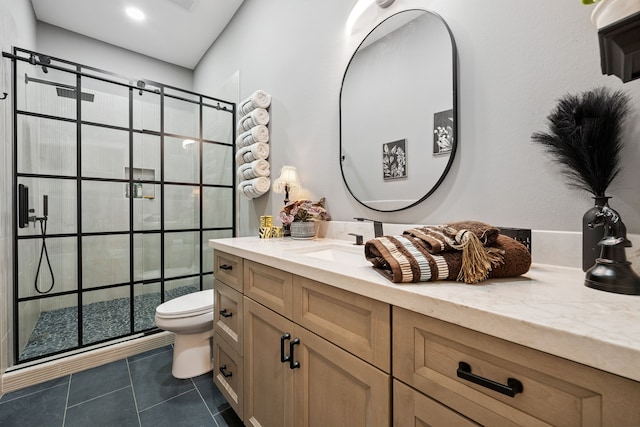 2516 Bagby St, Houston, TX 77006 - full bathroom with vanity, a stall shower, and tile patterned floors