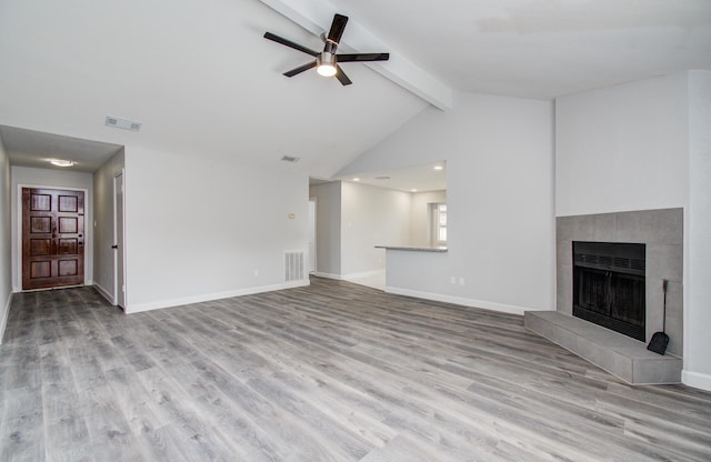 2207 S Ferrisburg Ct, Sugar Land, TX 77478 - unfurnished living room with wood finished floors, a ceiling fan, and a tile fireplace