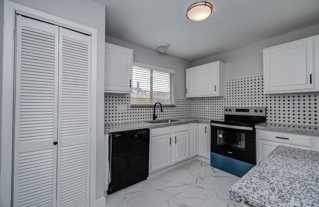 2207 S Ferrisburg Ct, Sugar Land, TX 77478 - kitchen featuring dishwasher, electric range, white cabinets, and light marble finish floors