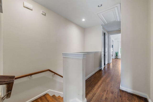 1753 Upland Lks, Houston, TX 77043 - hallway with an upstairs landing, attic access, wood finished floors, and recessed lighting