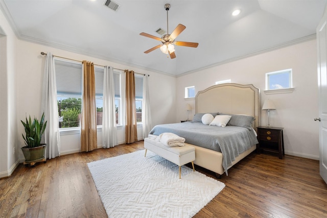1753 Upland Lks, Houston, TX 77043 - bedroom featuring multiple windows, wood finished floors, lofted ceiling, crown molding, and ceiling fan