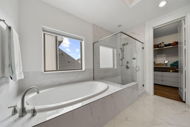 1753 Upland Lks, Houston, TX 77043 - full bath featuring a marble finish shower, a garden tub, marble finish floors, a spacious closet, and recessed lighting