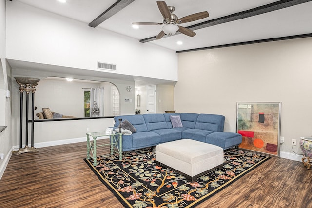 5427 Cairnleigh Dr, Houston, TX 77084 - living area featuring recessed lighting, a ceiling fan, wood finished floors, arched walkways, and a towering ceiling