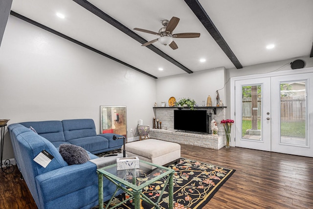 5427 Cairnleigh Dr, Houston, TX 77084 - living area with beam ceiling, wood finished floors, a ceiling fan, french doors, and recessed lighting