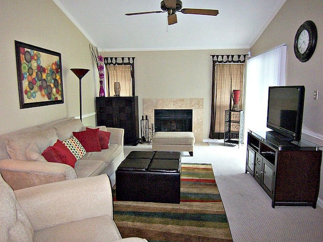 14777 Wunderlich Dr Unit 2404, Houston, TX 77069 - living area with carpet flooring, a ceiling fan, a high end fireplace, vaulted ceiling, and crown molding