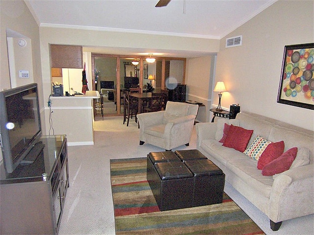 14777 Wunderlich Dr Unit 2404, Houston, TX 77069 - living room featuring ornamental molding, carpet, vaulted ceiling, and ceiling fan