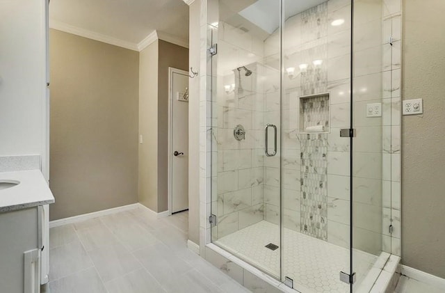 11012 Francoise Blvd, Houston, TX 77042 - bathroom featuring vanity, a stall shower, and crown molding