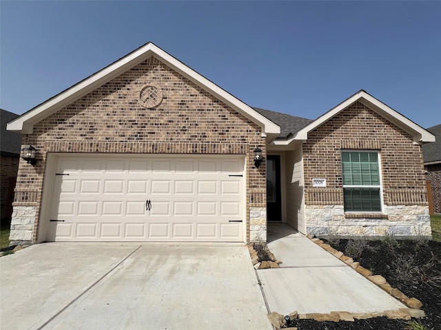 3008 Myrtle Sunset Dr, Katy, TX 77493 - ranch-style house with brick siding, driveway, an attached garage, stone siding, and roof with shingles