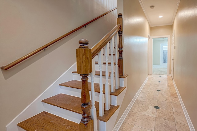 5331 Nolda St Unit A, Houston, TX 77007 - staircase featuring crown molding and tile patterned flooring