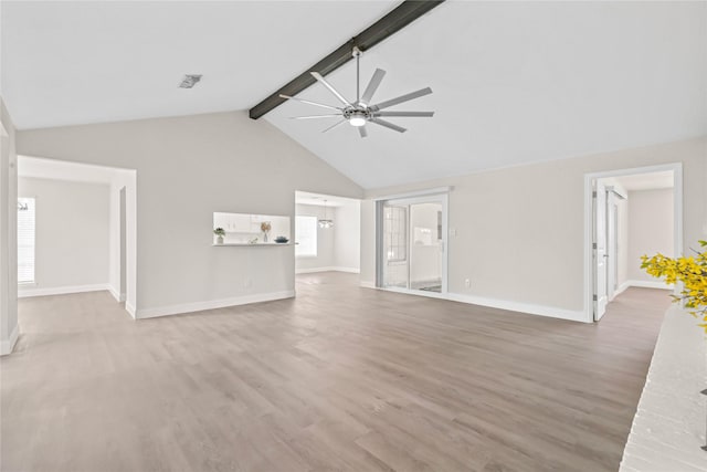 3101 Possum Trot St, Brenham, TX 77833 - unfurnished living room featuring ceiling fan, beam ceiling, wood finished floors, and high vaulted ceiling