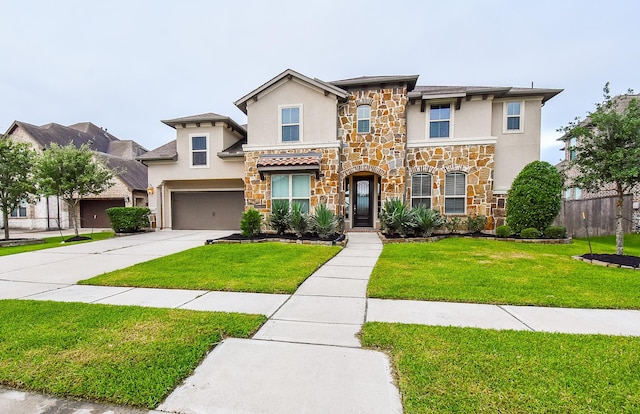 19019 Kimber Creek Ln, Cypress, TX 77429 - view of front facade featuring stone siding, stucco siding, driveway, and a garage