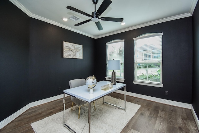 19019 Kimber Creek Ln, Cypress, TX 77429 - home office featuring a ceiling fan, wood finished floors, crown molding, and recessed lighting