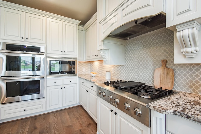 19019 Kimber Creek Ln, Cypress, TX 77429 - kitchen featuring appliances with stainless steel finishes, custom range hood, tasteful backsplash, dark wood-type flooring, and white cabinetry