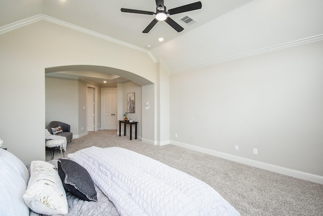 19019 Kimber Creek Ln, Cypress, TX 77429 - bedroom with arched walkways, lofted ceiling, light carpet, recessed lighting, and crown molding