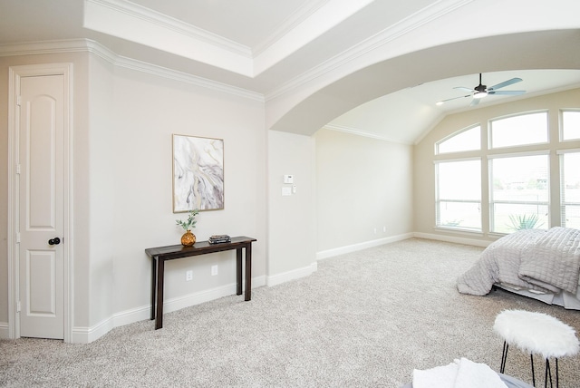 19019 Kimber Creek Ln, Cypress, TX 77429 - carpeted bedroom with ornamental molding, vaulted ceiling, and arched walkways