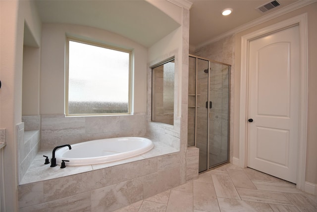 19019 Kimber Creek Ln, Cypress, TX 77429 - full bath featuring a bath, a stall shower, recessed lighting, and ornamental molding